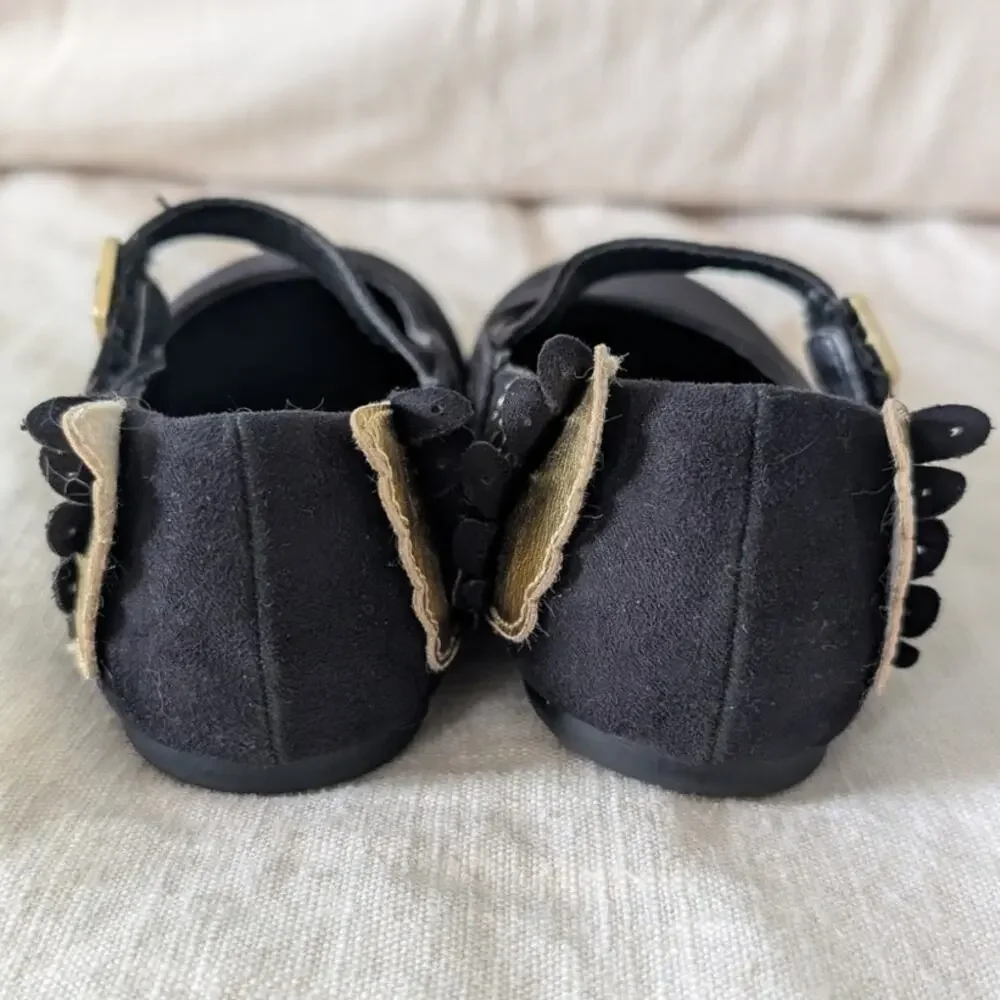 Cat & Jack Girls Black Gold Winged Mary Jane Flats Faux Suede size 9